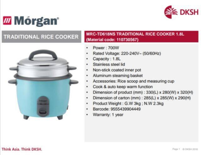 Morgan Rice Cooker 1.8L MRC-TD618NS Periuk Nasi