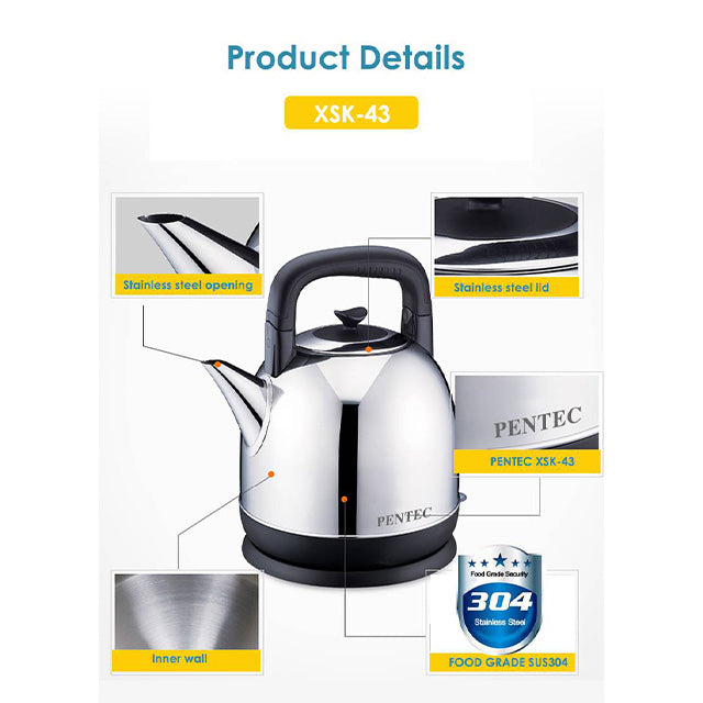 Pentec 4.3L Electric Kettle SUS304 Stainless Steel Body Apple Type Easy Filling XSK-43