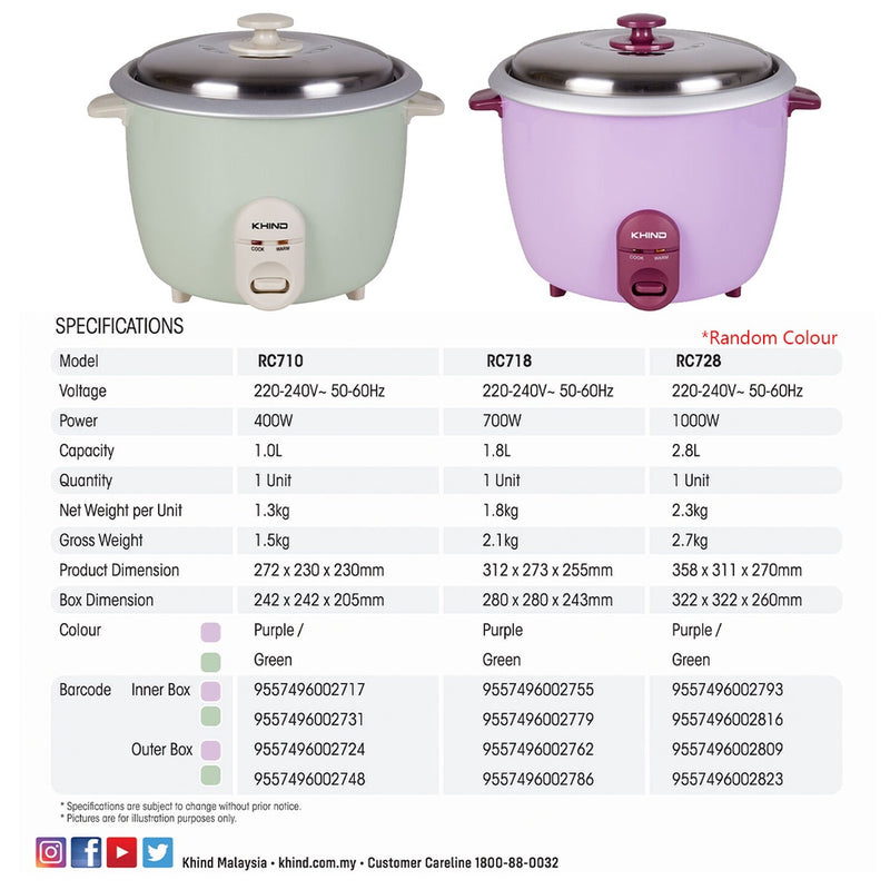 Khind Rice Cooker RC710 (1.0L) / RC718 (1.8L) / RC728 (2.8L)
