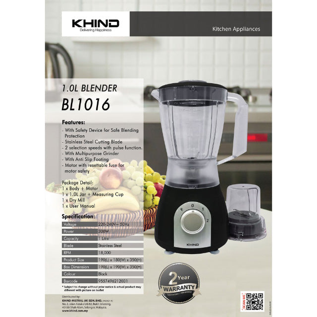 Khind Blender With Dry Mill (1.0L) BL1016