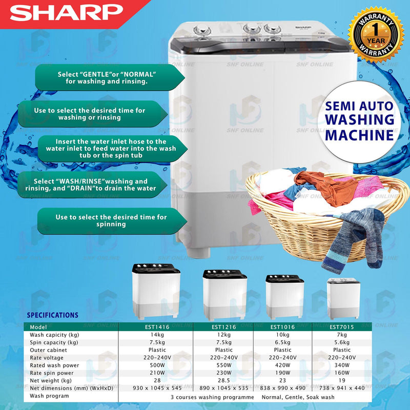 Sharp semi Auto 14Kg Washing Machine Washer EST1416