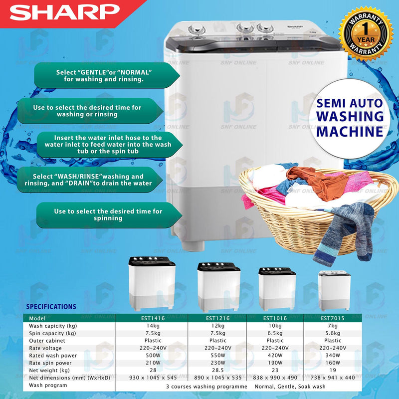 Sharp Semi Auto 12Kg Washing Machine Washer EST1216 Mesin Basuh