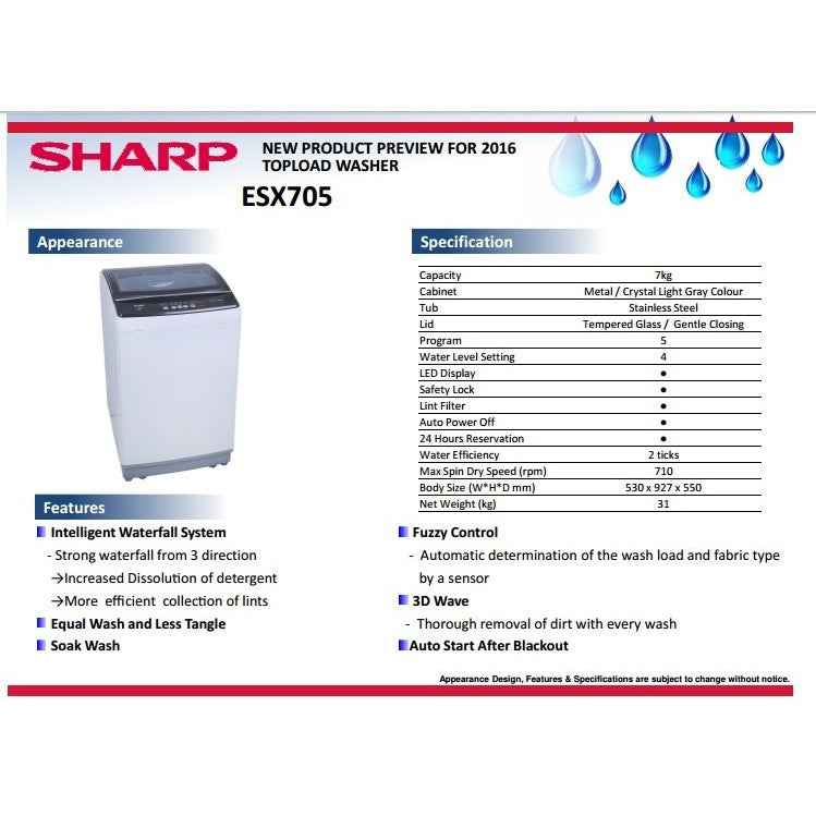 Sharp 7KG Fully Auto Washing Machine Washer ES718X Mesin Basuh Auto