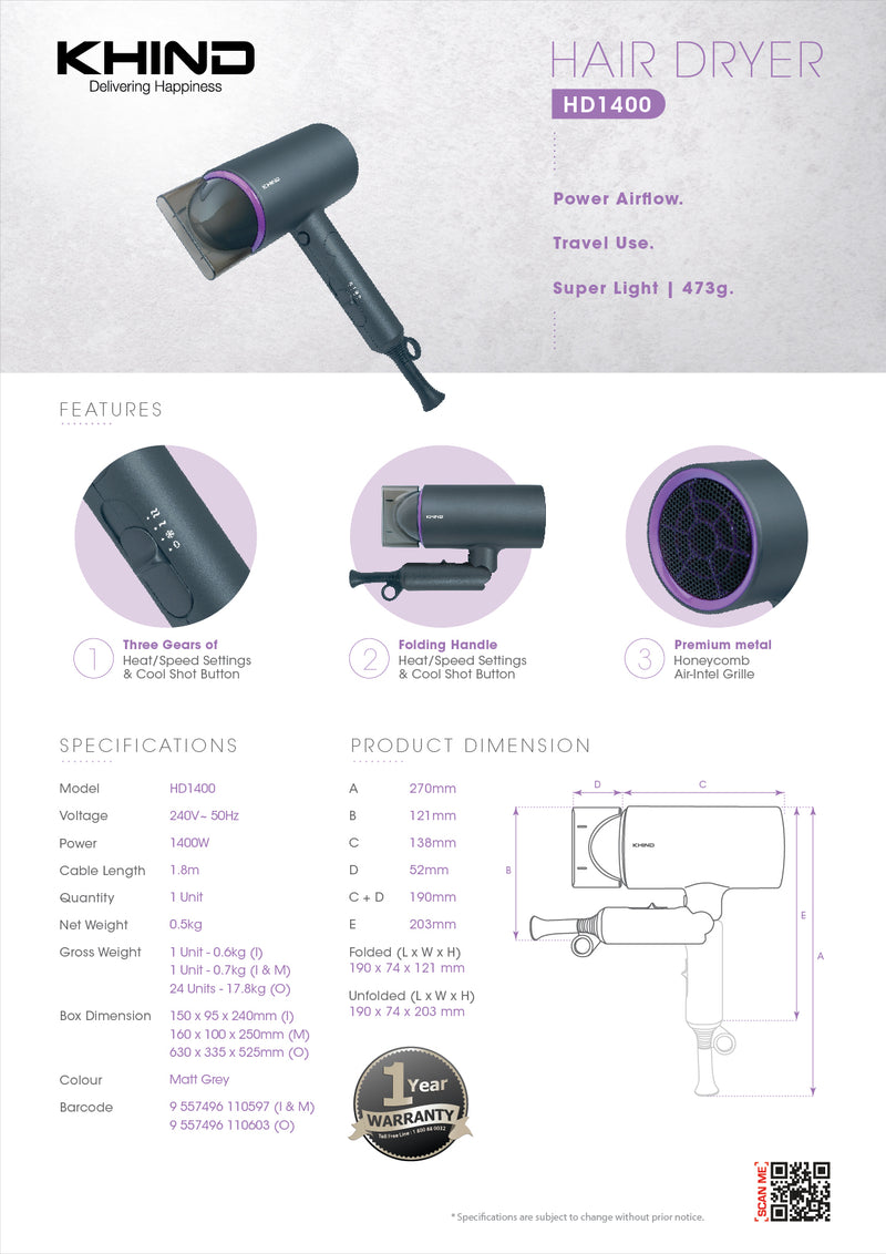 Khind Hair Dryer 1400W HD-1400 HD1400 Pengering Rambut