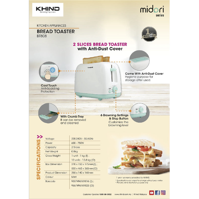 Khind Bread Toaster Midori Series Pembakar Roti BT808