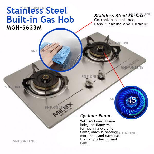 Milux 2 Burner Gas Cooker Hob Dapur Built-in MGHS633M MGH-S633M