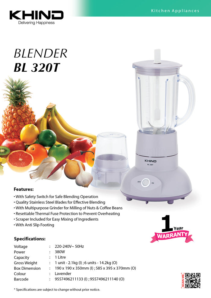 Khind 1.0L Blender With Dry Mill BL320T Blender Buah