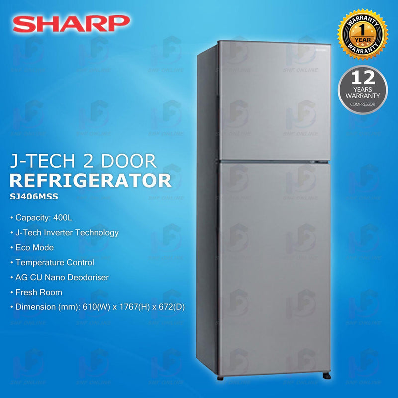 Sharp Refrigerator 2 Door 400L J-Tech Inverter Peti Sejuk 2 Pintu SJ406MSS