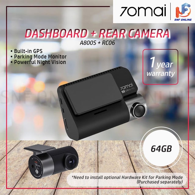 70Mai A800S Dual vision 140 Rear Cam FOV 4K Ultra HD Screen Dash Cam Rear APP Control 24h Night Vision A800 A800S + RC06 + 64GB