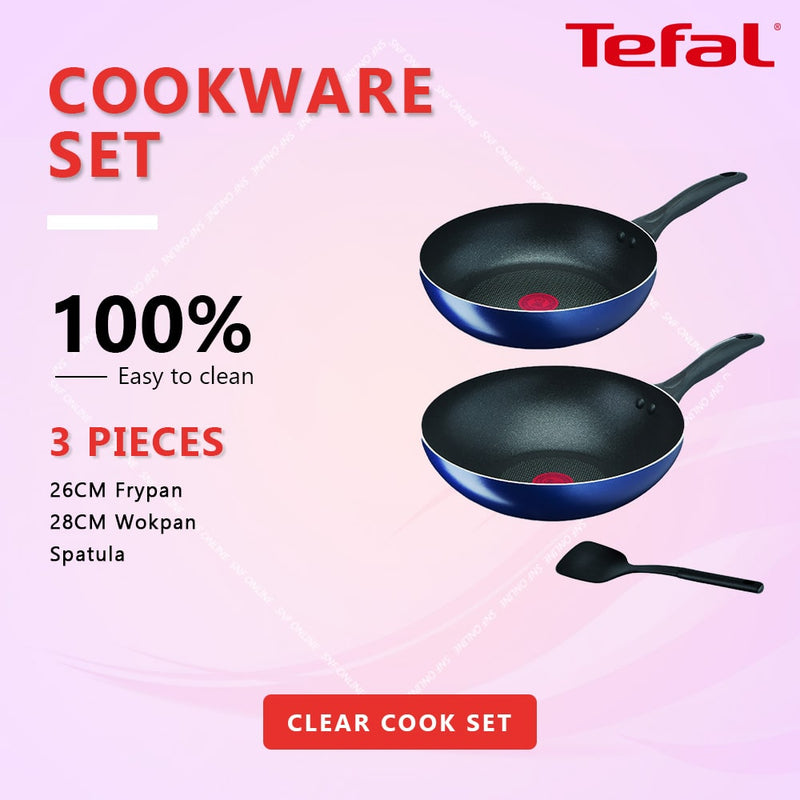 Tefal Clear Cook 3pcs Set Frypan 26cm + Wokpan 28cm Non-Stick B266S3