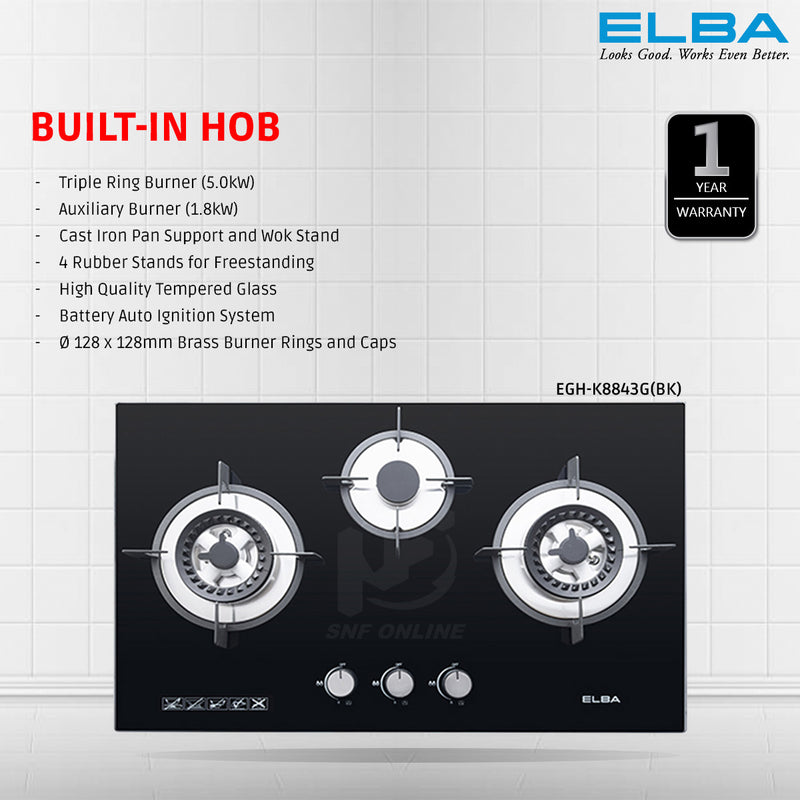Elba Triple Burner Tempered Glass Hob EGH-K8843G(BK)