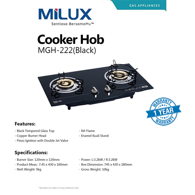 Milux Built-in Two Burners Gas Cooker Glass Hob MGH-222(BK)