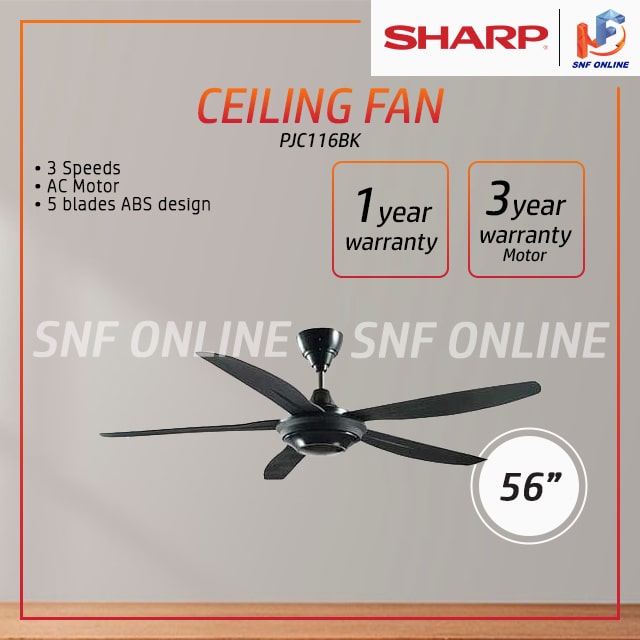 Sharp 5 Blade Ceiling Fan with Remote Control 56” KIPAS SYILING PJC116BK PJC116 (Single Set)