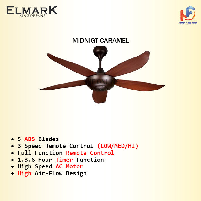 ELMARK 52 Ceiling Fan With Remote Control 5 SPITFIRE 246-MC (Midnight Caramel) / ELMARK-KL101 (Matt Black)