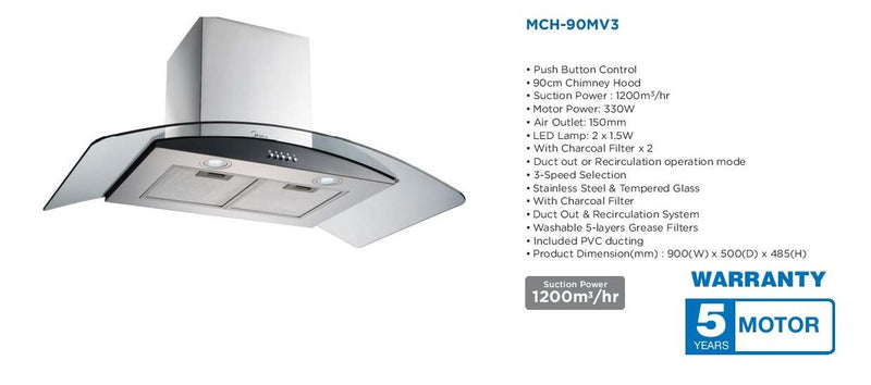 Midea 90cm Cooker Hood Chimey Hood MCH-90MV3