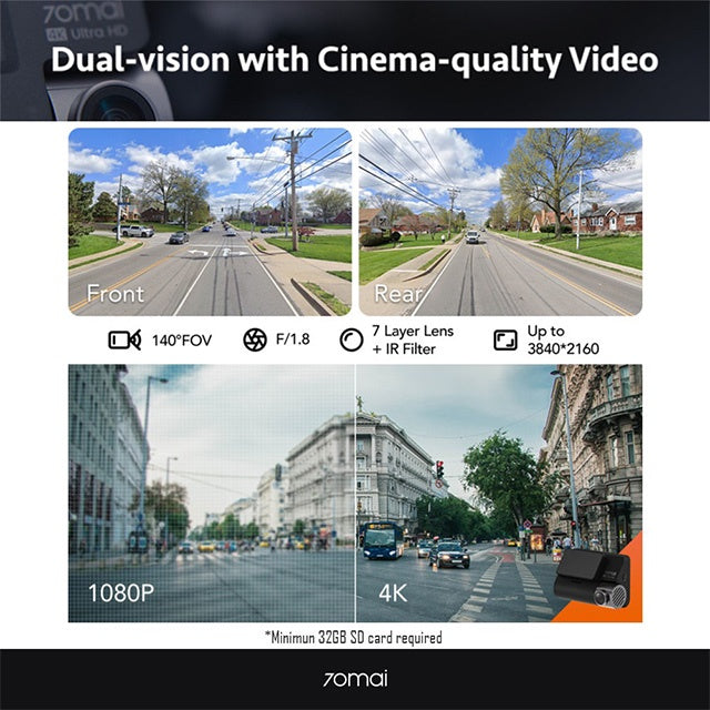70Mai A800S Dual vision 140 Rear Cam FOV 4K Ultra HD Screen Dash Cam Rear APP Control 24h Night Vision A800 A800S + RC06 + 64GB