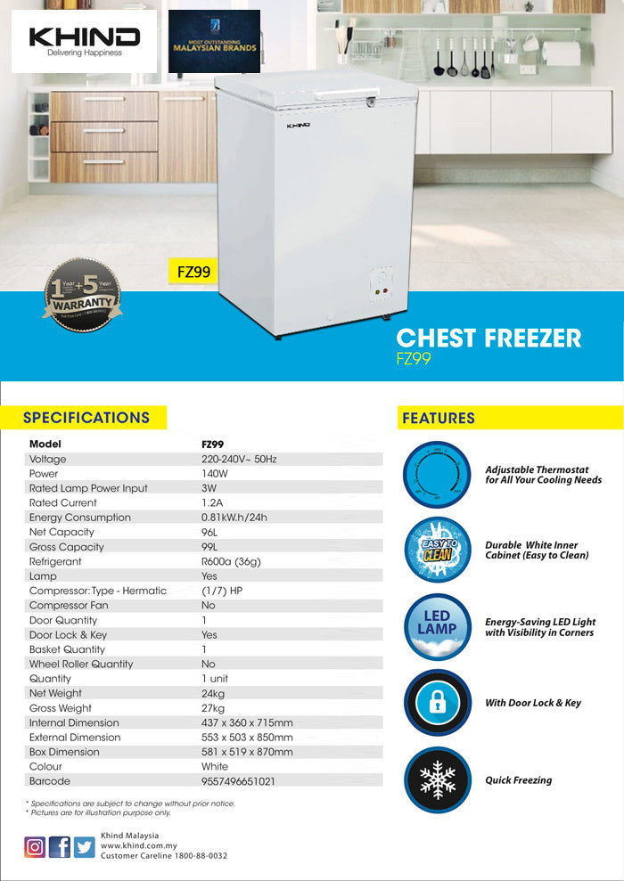 Khind Chest Freezer 99L peti sejuk beku FZ99