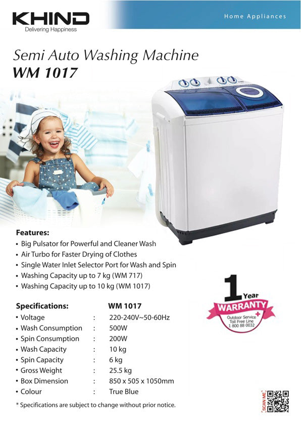 Khind 10KG Semi Auto Washing Machine Mesin Basuh WM1017