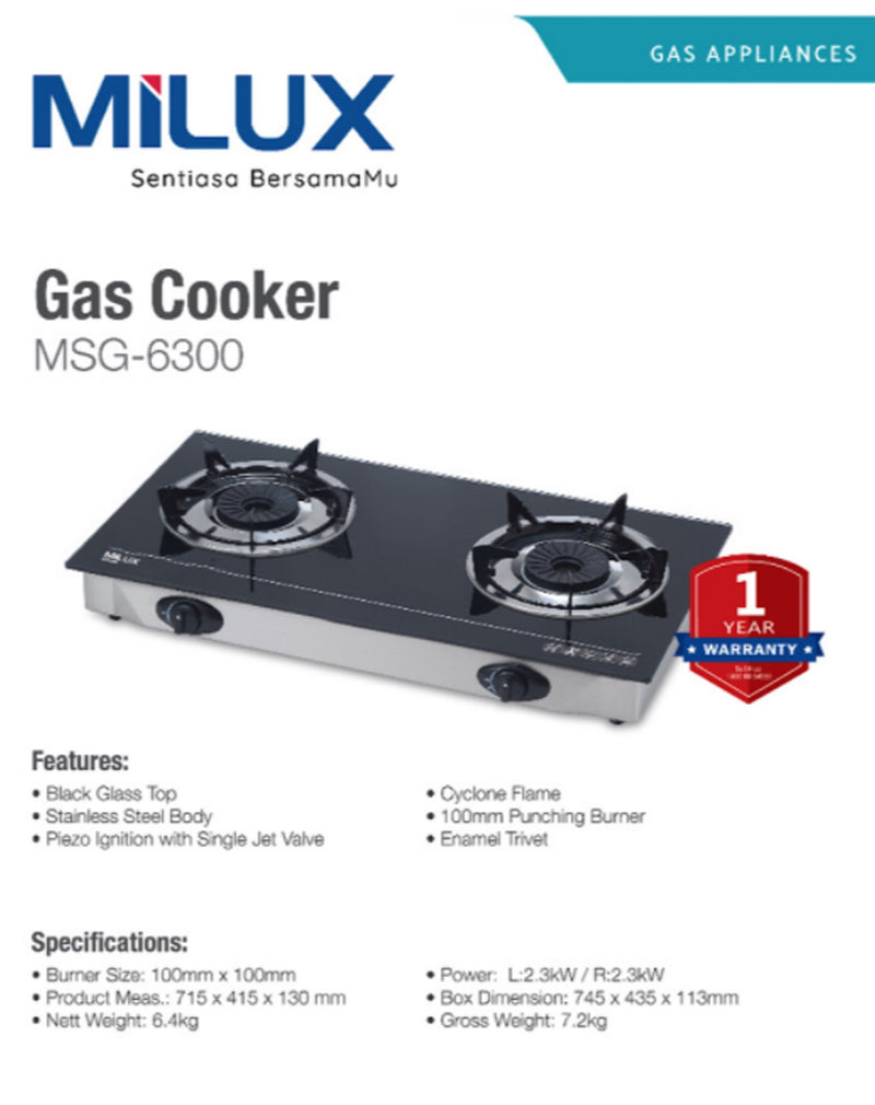Milux 2 Burner Gas Cooker (Black Glass Top) MSG-6300