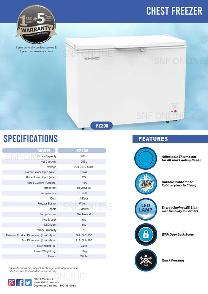 Khind Chest Freezer peti sejuk beku 208L FZ208