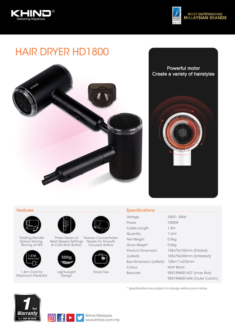 Khind 1800W Hair Dryer pengering rambut HD1800