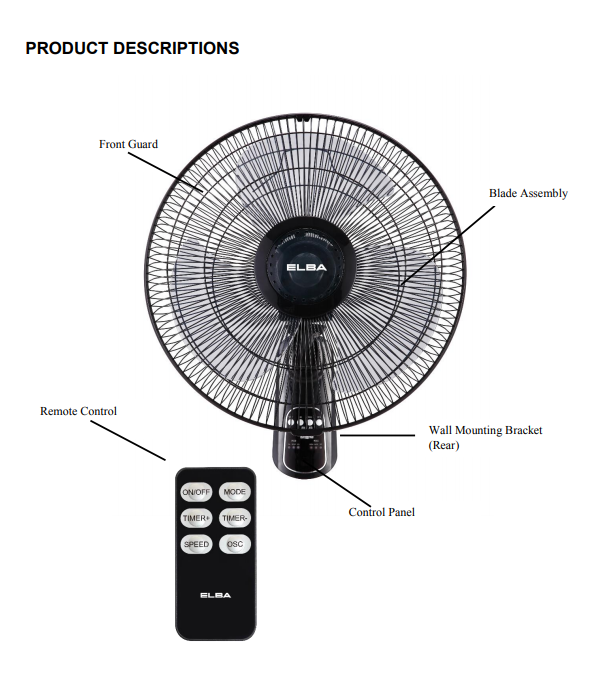 Elba 16’’ Wall Fan kipas dinding With Remote Control EWMF-E1646RC(BK) EWMFE1646RC