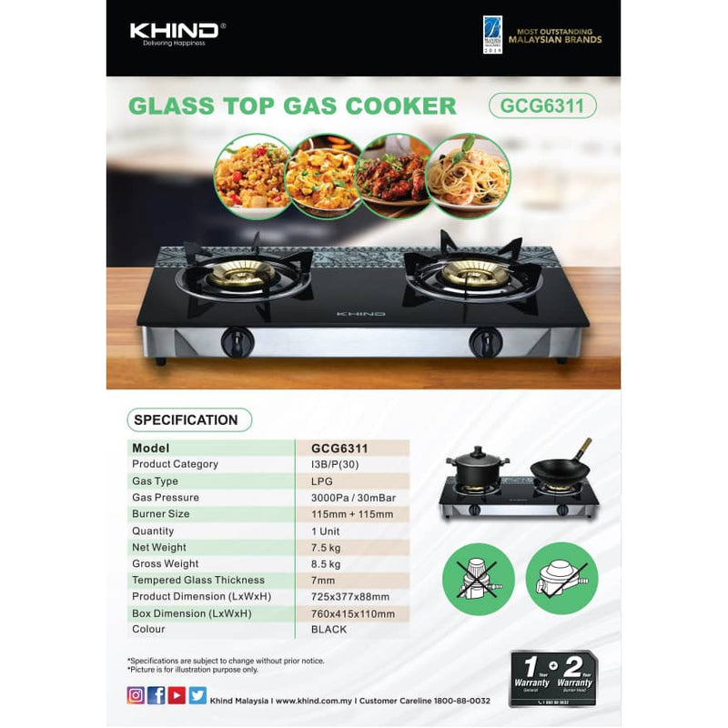 Khind Glass Top Gas Cooker Dapur Gas Kaca GCG6311