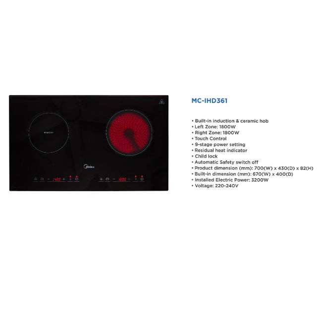 Midea Chimey Designer Hood MCH-90MV1 + Midea Hybrid induction and Ceramic Cooktop 70cm MC-IHD361 ( COMBO PACKAGE )