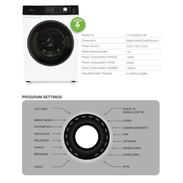 Toush by Pensonic 10KG + 6KG Smart Inverter Washer Dryer Combo T1019SWAF-D6
