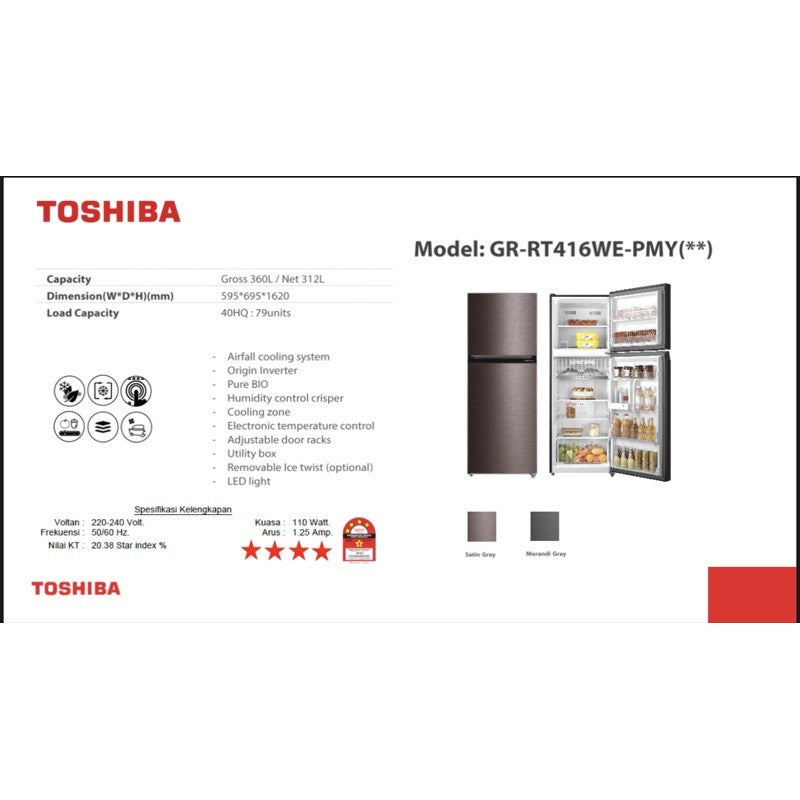 Toshiba 360L 2 Door Inverter Refrigerator GR-RT416WE-PMY(06)