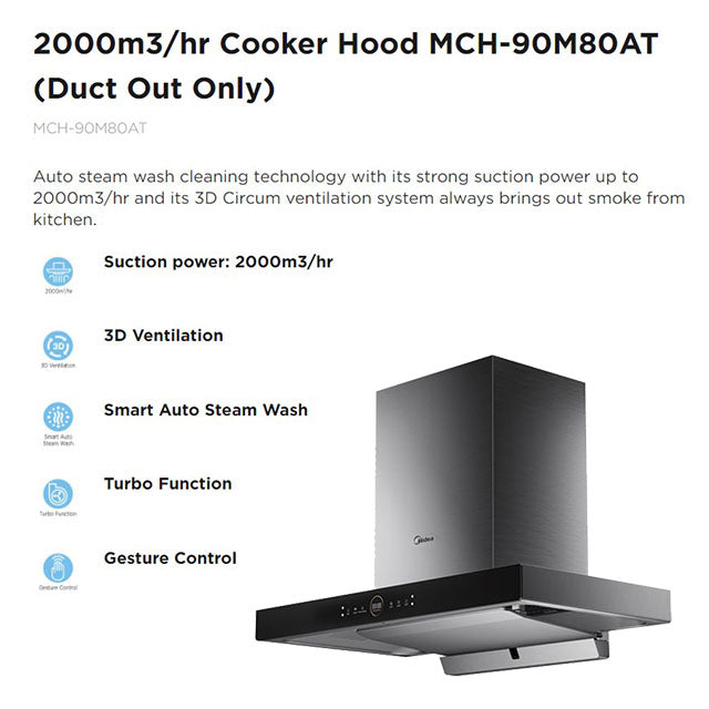 Midea Cooker Hood Auto Clean Steam Wash MCH-90M80AT