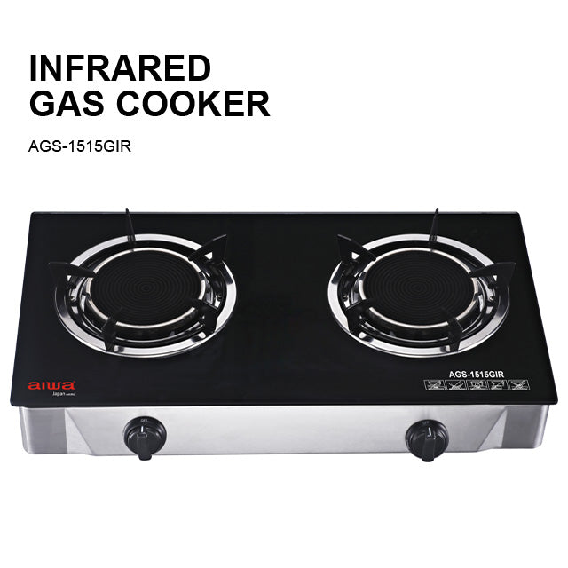 Aiwa Infrared Double Burner Table Top Glass Hob Gas Cooker AGS-1515GIR