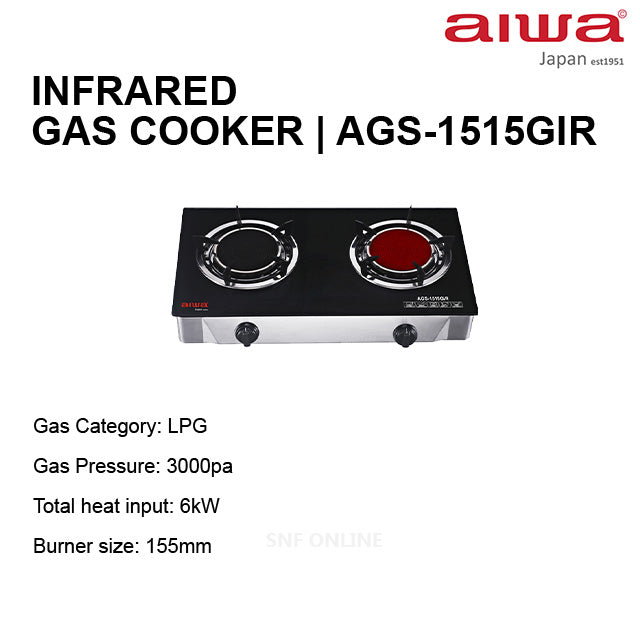 Aiwa Infrared Double Burner Table Top Glass Hob Gas Cooker AGS-1515GIR