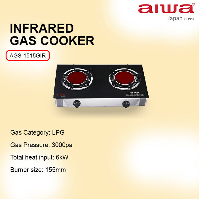 Aiwa Infrared Double Burner Table Top Glass Hob Gas Cooker AGS-1515GIR