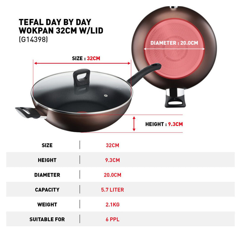 Tefal Cookware Day By Day Wokpan Pan Non-Stick WIth Lid (32cm) G14398 G1439895 (24cm) G14304 (28cm) G14366