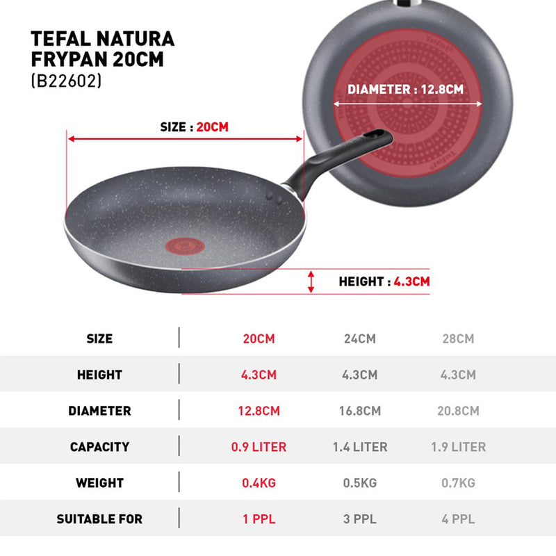 Tefal 20cm Cookware Natura Frypan Pan Non-Stick B22602 B2260295