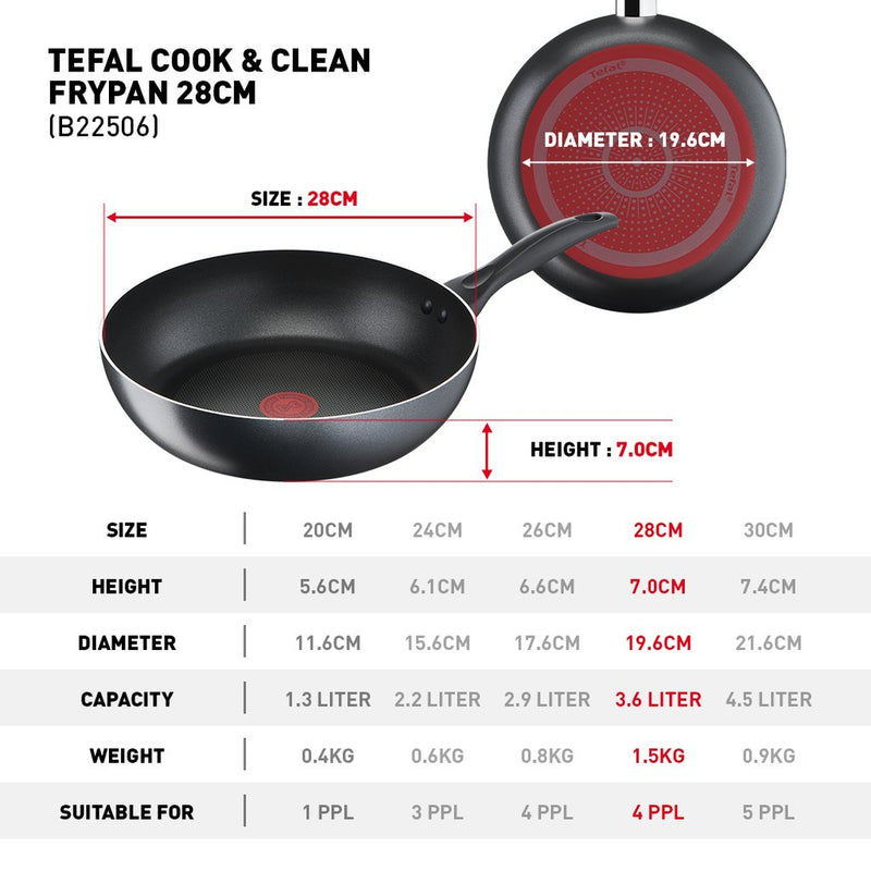 Tefal 28cm Cookware Cook & Clean Frypan Pan Non-Stick B22506 B2250695