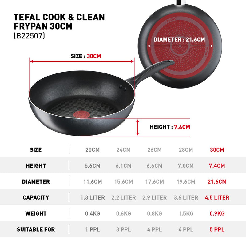 Tefal 30cm Cookware Cook & Clean Frypan Pan Non-Stick B22507 B2250795