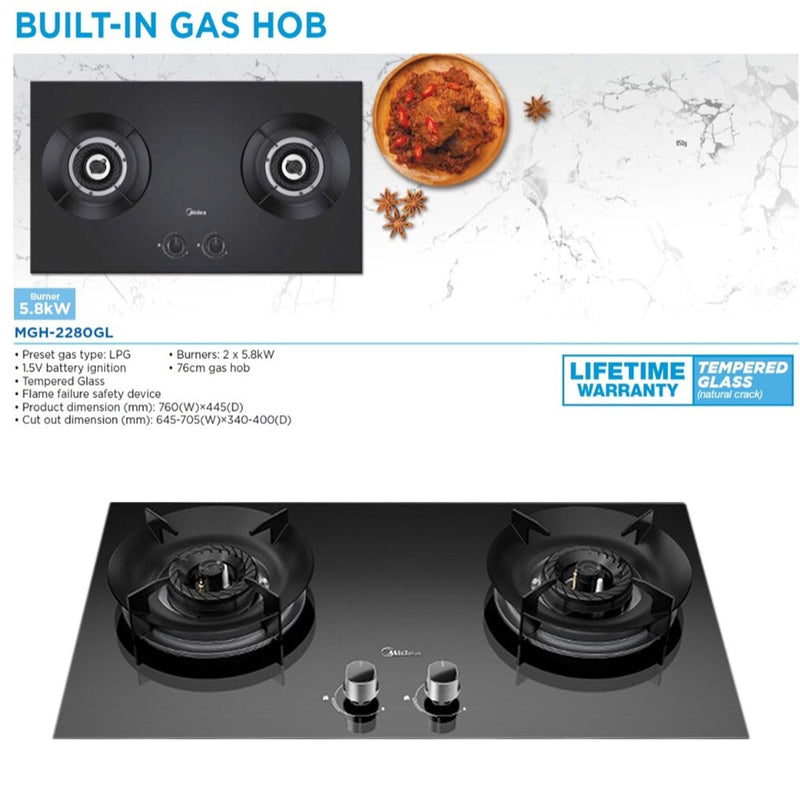 Midea 2 Burner Built-In Glass Gas Cooker Hob with 5.8kW MGH-2280GL