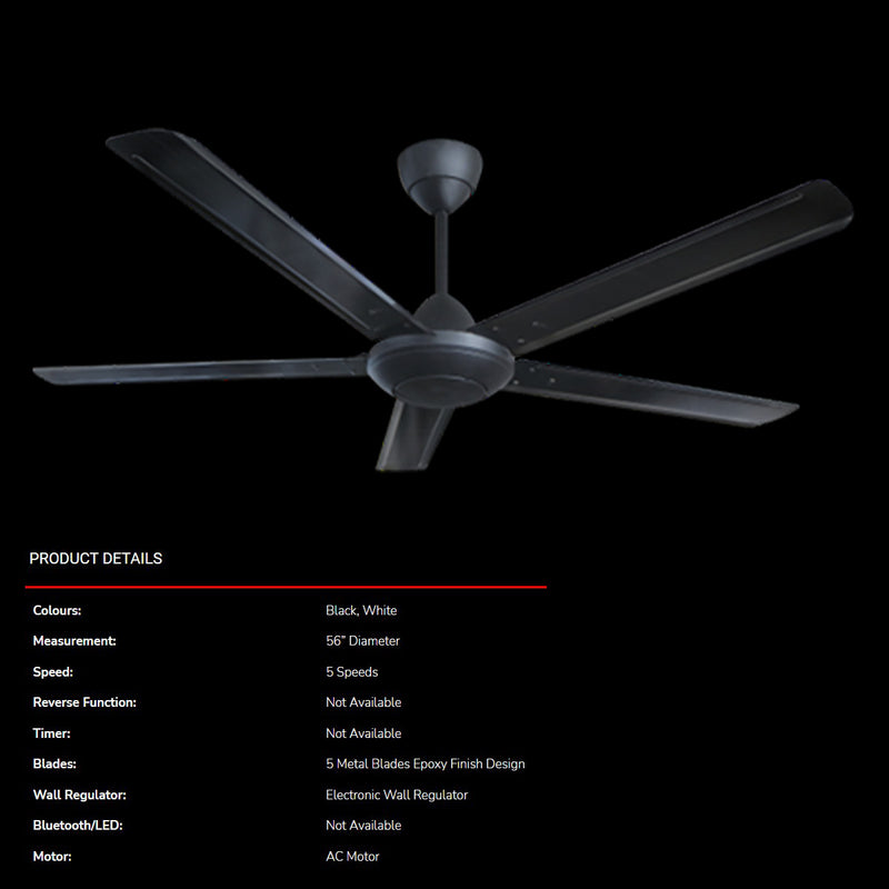 Deka 5 Blade Ceiling Fan With Regulator Control 56” Kipas ceiling DK10BK
