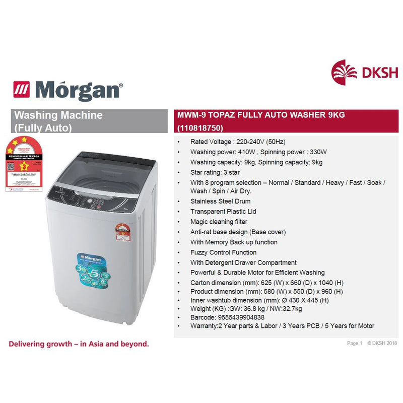 Morgan 9kg Topaz Fully Auto Washing Machine MWM-9