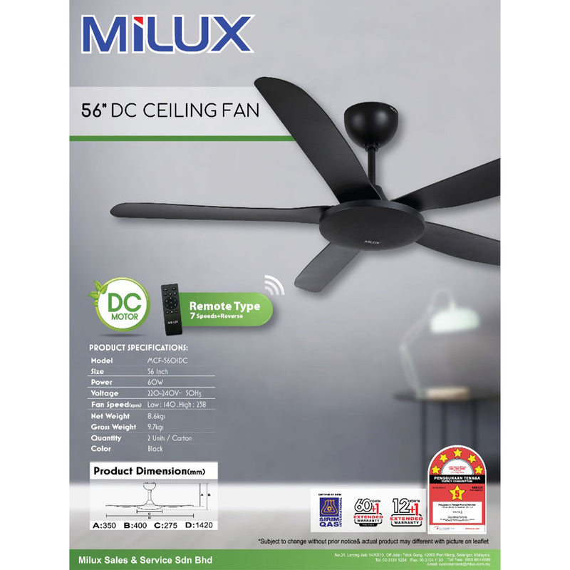 Milux 5 Blade Ceiling Fan with Remote Control 56” MCF-5601DC-BK X 1 SET