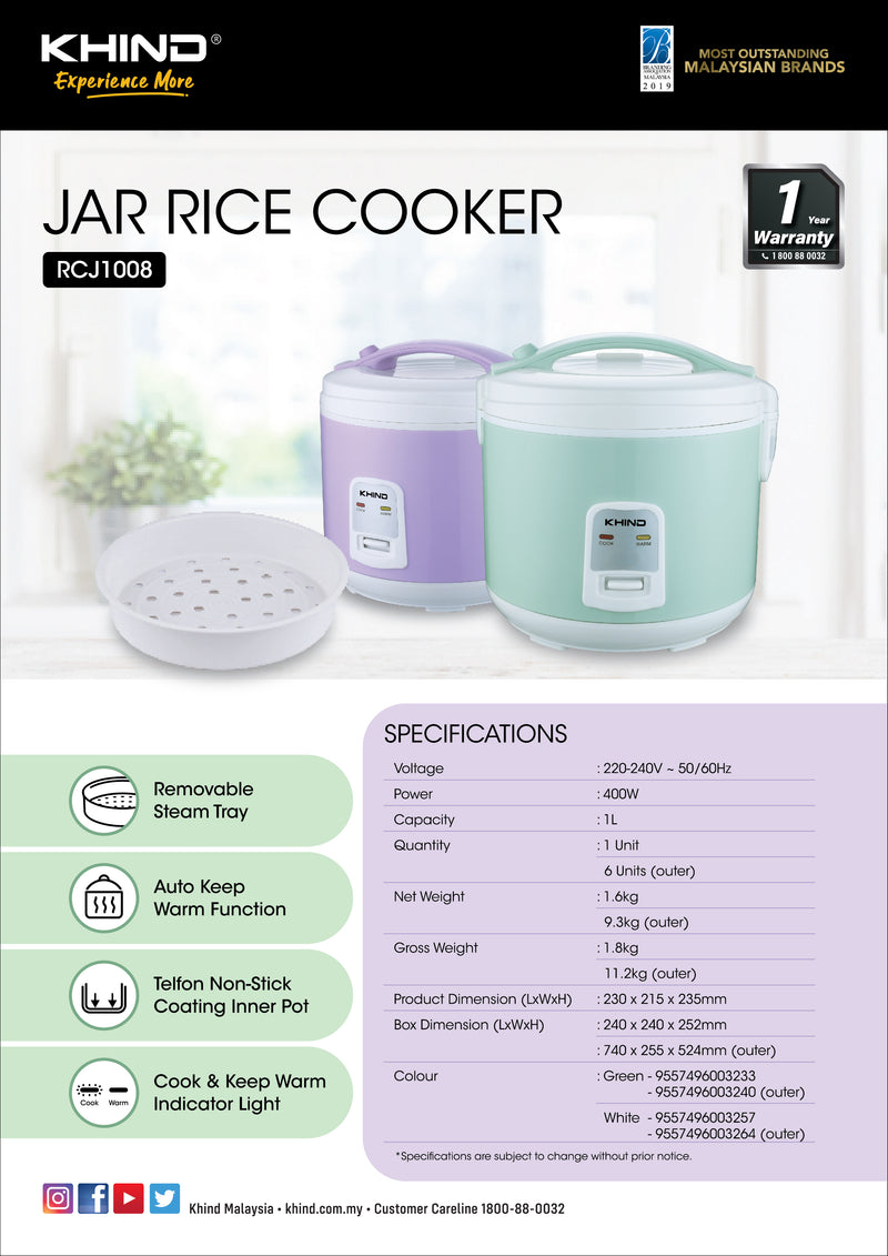 Khind 1.0L Jar Rice Cooker RCJ1008 RCJ-1008