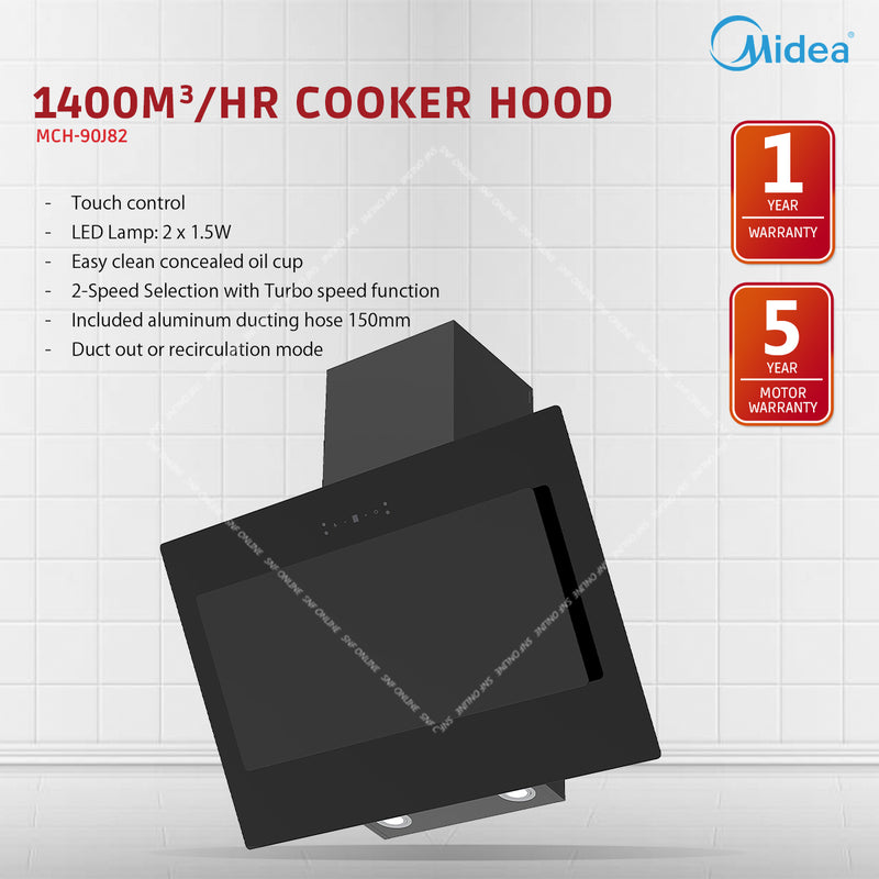 Midea Cooker Hood 90cm 1400m³/hr Black Slanted Type MCH-90J82