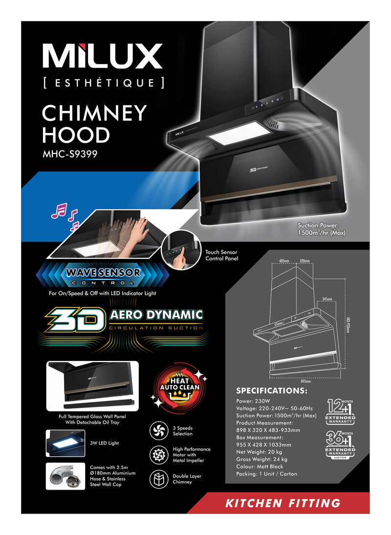 Milux MHC-S9399 Stainless Steel Chimney Hood MHC-S9399
