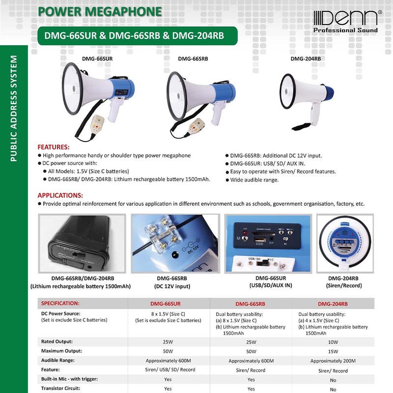 DENN Power Megaphone (Siren/Record/DC Rechargeable Battery) DMG-204RB