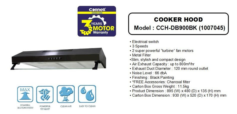 Cornell Slim Cooker Hood CCH-DB900BK