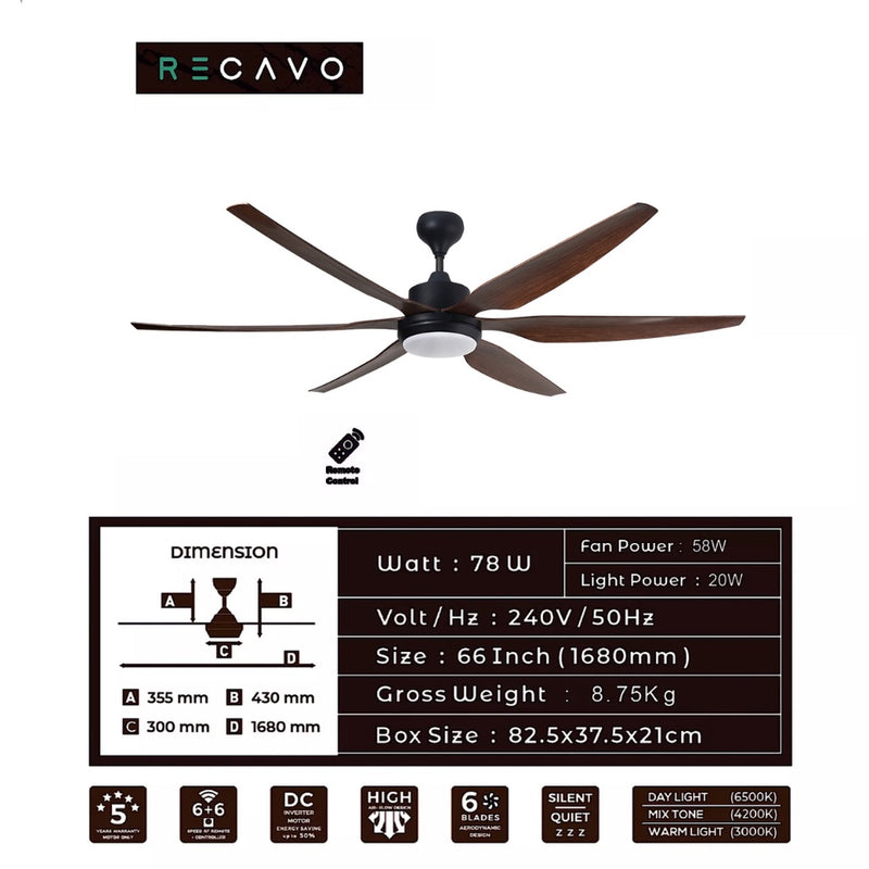 Recavo Ceiling Fan 66” DC Inverter With Remote Control By Deka NEON66LED-WALNUT